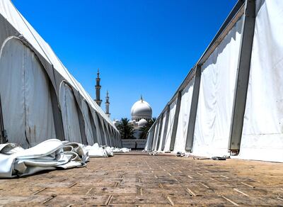 Sheikh Zayed Grand Mosque after Ramadan in 2018. There will be no iftar tents this year under precautions to prevent the spread of Covid-19. Victor Besa / The National