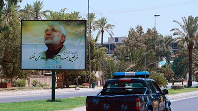 A poster of Abu Mahdi Al Muhandis is seen in Baghdad, Iraq. AP Photo