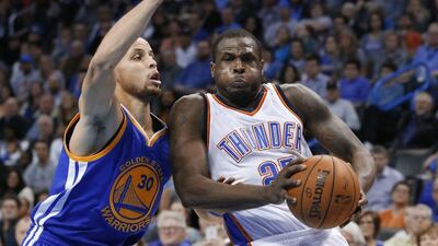 Oklahoma City Thunder guard Dion Waiters (23) drives around Golden State Warriors guard Stephen Curry during the fourth quarter of their game on January 16. Oklahoma City won 127-115. Sue Ogrocki / AP