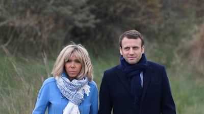 Brigitte, wearing a blue coat and scarf, on April 22, 2017. AFP