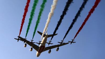 An Emirates A380 soars during the Dubai Air Show in 2013. That year Concourse A, the world’s first purpose built A380 concourse, opened its doors at Dubai International Airport. The giant building with 20 A380 gates was over 800 metres long. Emirates rewrote aviation history with an order for 200 aircraft – 150 Boeing 777Xs and 50 A380s, costing $99 billion. AFP