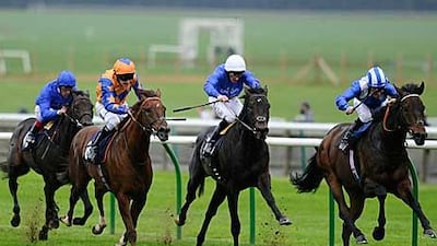 Tazeez, right, wins the Richard Hambro Darley Stakes at Newmarket yesterday. Godolphin’s Mastery finished third.