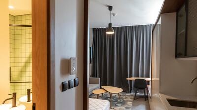 Inside a studio apartment at Hive, a new co-living apartment block in JVC, Dubai. Tenants do not have to pay a penalty if they leave a rental agreement early. Photo by Antonie Robertson / The National