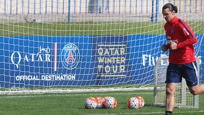 Paris Saint-Germain's Zlatan Ibrahimovic shown during the team's training session in Doha on Monday. Karim Jaafar / AFP / December 28, 2015