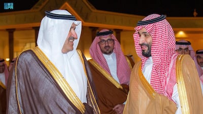 Prince Faisal bin Salman, governor of Madinah, and Prince Saud bin Khalid Al Faisal (C), deputy governor, welcome Mohammed bin Salman, Crown Prince of Saudi Arabia, to Quba Mosque.