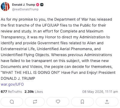 President Donald Trump posted this message on Truth Social on May 8, 2026.