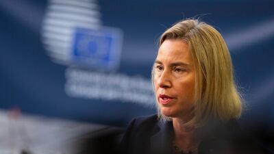 European Union foreign policy chief Federica Mogherini speaks with the media as she arrives for a meeting of EU foreign ministers in Luxembourg on Monday. AP