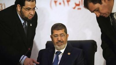 Egyptian president Mohammed Morsi at the 12th summit of the Organisation of Islamic Cooperation in Cairo. Syria’s war was the central issue on the first day of the summit.