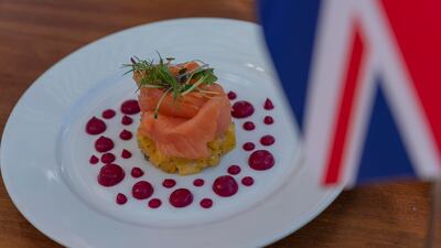 A smoked salmon rose over a bed of roasted butternut squash and ginger beetroot drops by chef Vineet Bhatia at Expo 2020 Dubai. All photos by Antonie Robertson / The National, unless otherwise specified