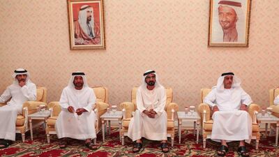 Sheikh Mohammed bin Rashid, Prime Minister and Ruler of Dubai, sits with Sheikh Saif bin Zayed, Deputy Prime Minister and Minister of Interior, Sheikh Hamdan bin Mohammed, Crown Prince of Dubai, and Sheikh Ahmed bin Saeed, Chairman of Dubai Civil Aviation Authority and Chairman of Emirates Group, at a Cabinet meeting on Sunday at Union House in Dubai. Wam