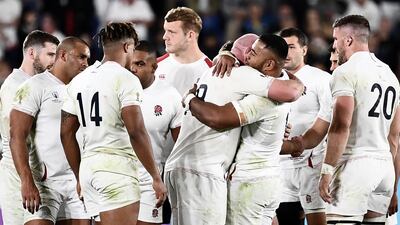 England players celebrate after the Rugby World Cup semi-final win against New Zealand. AFP