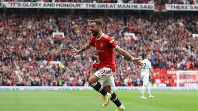 Bruno Fernandes of Manchester United celebrates after scoring his side's third goal against Leeds United at Old Trafford.