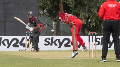 Rizwaan CP bats for the UAE against Oman during the Cricket World Cup League 2 match at the ICC Academy in Dubai.