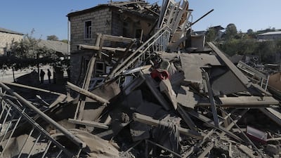 The shelled ruins of a building from the recent conflict over the breakaway region of Nagorno-Karabakh, in Stepanakert. Reuters