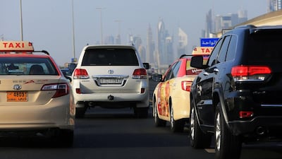 Experts hope chevrons will teach drivers to maintain safe distances, unlike these vehicles on Sheikh Zayed Road in Dubai. Satish Kumar / The National