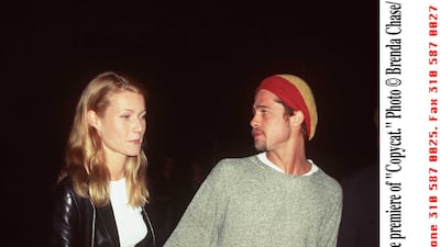 Gwyneth Paltrow, in jeans and a leather jacket, and Brad Pitt attend the premiere of 'Copycat' in Los Angeles, California, on October 19, 1995. Getty Images
