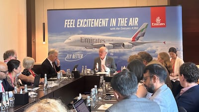 Tim Clark, president of Emirates, speaks to journalists on the sidelines of the 80th International Air Transport Association's annual meeting in Dubai. Deena Kamel / The National