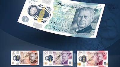 The new £5, £10, £20 and £50 polymer plastic notes featuring King Charles III. AFP
