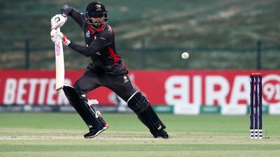 Rohan Mustafa of UAE takes on the Ireland bowling during the World Cup T20 Qualifier at Zayed Cricket Stadium in Abu Dhabi. Pawan Singh / The National