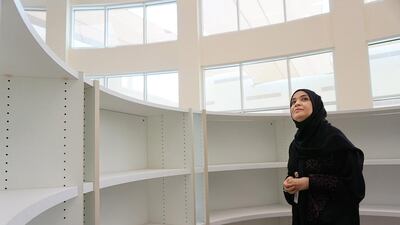 These shelves will soon be filled. Dr Amal Qubaisi, director general of the Abu Dhabi Education Council, on Tuesday toured the two new public schools to be opened this month in Al Falah - Umm Al Arab School for girls and Rooh Al Ittihad School for boys. Delores Johnson / The National