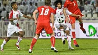 The UAE's Amer Mubarak, left, and Amer Abdul Rahman in action against the Czech Republic.