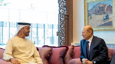 Sheikh Mohamed bin Zayed, Crown Prince of Abu Dhabi and Deputy Supreme Commander of the UAE Armed Forces, meets Rashad Al Alimi, Chairman of the Presidential Leadership Council of Yemen, at the Sea Palace in Abu Dhabi. All photos: Ministry of Presidential Affairs
