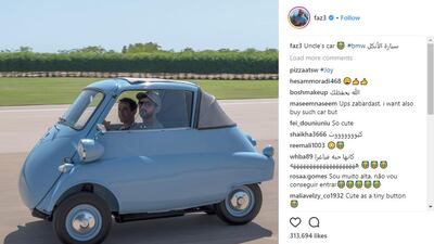 Sheikh Hamdan bin Mohammed, Crown Prince of Dubai, and Sheikh Saeed bin Maktoum bin Juma, President of the UAE Padel Association, in a tiny car. Courtesy Sheikh Hamdan's Instagram account