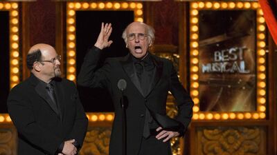 Jason Alexander, left, and Larry David present the award for Best Musical during the Tony Awards at the Radio City Music Hall. Lucas Jackson / Reuters