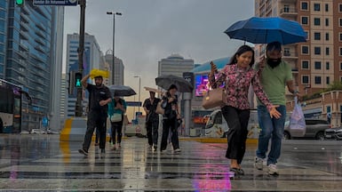 Residents have umbrellas at the ready during rain in Abu Dhabi this week. Victor Besa / The National