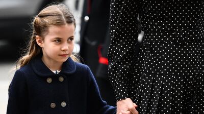 Charlotte of Cambridge arrives at the service for Prince Philip. AFP