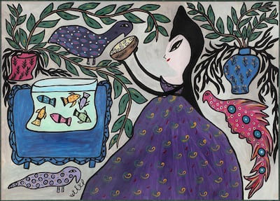 Depictions of care predominate in the new Barjeel Art Foundation hang. Here, the Algerian artist Baya paints a woman and her pets in 'Woman with Two Peacocks and Aquarium' (1968). Image courtesy of Barjeel Art Foundation, Sharjah