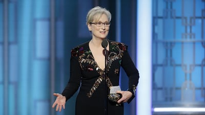 Meryl Streep accepting the Cecil B. DeMille Award at the 74th Annual Golden Globe Awards. Paul Drinkwater / NBC via AP
