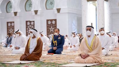 Lt Gen Sheikh Saif bin Zayed, Deputy Prime Minister and Minister of Interior, and Sheikh Suroor bin Mohamed attend prayers.