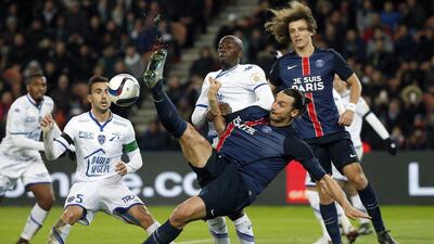 Zlatan Ibrahimovic, centre, in action during the match between Paris Saint-Germain and Troyes. Yoan Valat / EPA