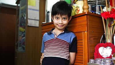 Gil Gatdula Jr, 10, is looking forward to a much brighter, more active childhood after congenital defects in his heart were corrected in an operation funded by Dubai charity Dr Moopen’s Foundation. Lee Hoagland / The National