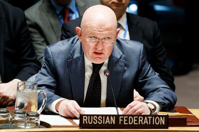Vassily Nebenzia, Russian Ambassador to the United Nations, addresses a Security Council meeting called by Russia on April 13, 2018 in response to the escalating situation over use of chemical weapons in Syria. Justin Lane / EPA