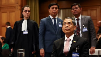 Myanmar's Union Minister for the Ministry of the President's Office Ko Ko Hlaing sits in the courtroom at the International Court of Justice. Reuters