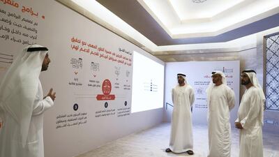 Ahmed Taleb Al Shamsi, director of the National Experts Programme, far left, speaks with President Sheikh Mohamed, Sheikh Mohammed bin Rashid, Vice President and Ruler of Dubai, and Mohammed Mubarak Al Mazrouei, Undersecretary of the Abu Dhabi Crown Prince's Court.