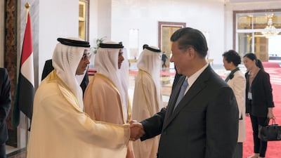 Sheikh Mansour bin Zayed, UAE Deputy Prime Minister and Minister of Presidential Affairs with China President Xi Jinping at the Presidential Airport. Hamad Al Kaabi/Crown Prince Court - Abu Dhabi