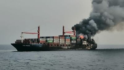 Saudi Arabia’s Border Guards rescued the crew of a Panama-flagged commercial container tanker that caught fire while sailing in the Red Sea. All photos: SPA
