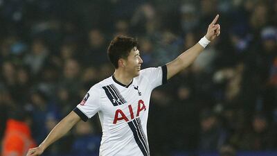 Spurs striker Son Heung-min celebrates his goal on Wednesday night against Leicester in the FA Cup. Andrew Coulridge / Action Images / Reuters