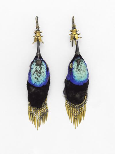 Earrings made from honeycreeper birds, circa 1875. Courtesy Victoria and Albert Museum, London