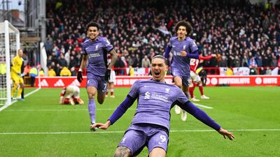 Darwin Nunez of Liverpool celebrates scoring his team's winner in the 1-0 Premier League victory over Nottingham Forest at the City Ground on March 2, 2024. Getty Images