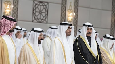 Sheikh Mohammed, Sheikh Tahnoon bin Mohammed Ruler’s Representative of the Eastern Region, Sheikh Ammar bin Humaid Crown Prince of Ajman and Sheikh Mohammed Al Khaled Al Hamad Al Sabah Deputy Prime Minister and Minister of the Interior of Kuwait, stand in Mushrif Palace. Mohamed Al Hammadi / Crown Prince Court - Abu Dhabi