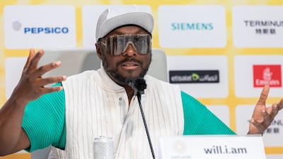 Will.i.am speaks at a press conference at the Expo Media Centre. Photo: Expo 2020 Dubai
