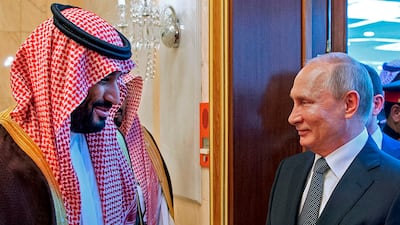 Saudi Crown Prince Mohammed bin Salman meets Russian President Vladimir Putin in Riyadh in October 2019. AFP
