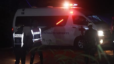 An ambulance leaves the Tham Luang cave area. AFP