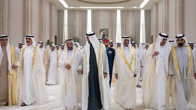 President Sheikh Mohamed, centre, receives Sheikh Dr Sultan bin Muhammad Al Qasimi, Ruler of Sharjah, third left, during an Eid Al Fitr reception at Mushrif Palace. Pictured with Sheikh Mohammed bin Rashid, Vice President, Prime Minister and Ruler of Dubai, far right, Sheikh Saud bin Saqr Al Qasimi, Ruler of Ras Al Khaimah, sixth from left, Sheikh Hamad bin Mohammed Al Sharqi, Ruler of Fujairah, fifth from left, Sheikh Saud bin Rashid Al Mualla, Ruler of Umm Al Quwain, second from left, and Sheikh Mansour bin Zayed Al Nahyan, UAE Vice President and Deputy Prime Minister, far left. Abdulla Al Neyadi / UAE Presidential Court