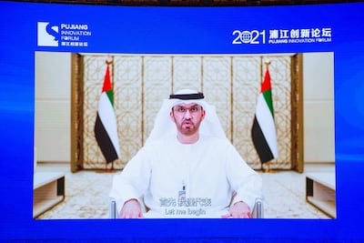 Dr Sultan Al Jaber, the UAE’s Minister of Industry and Advanced Technology, speaks at the 2021 Pujiang Innovation Forum. Courtesy Ministry of Industry and Advanced Technology