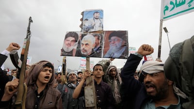 Houthis rally with posters depicting their leader Abdul Malik Al Houthi, Iran's supreme leader Ayatollah Ali Khamenei, Hamas chief in Gaza Yahya Sinwar and Hezbollah's Hassan Nasrallah. EPA